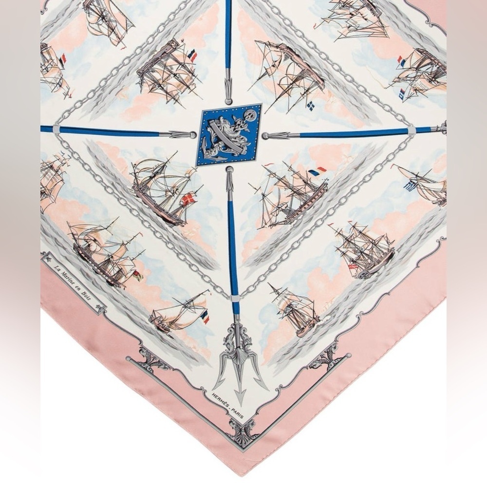 HERMES Never Worn Vintage “The Wooden Marine” Pink Carre 90 Silk Twill Scarf - Picture 2 of 16